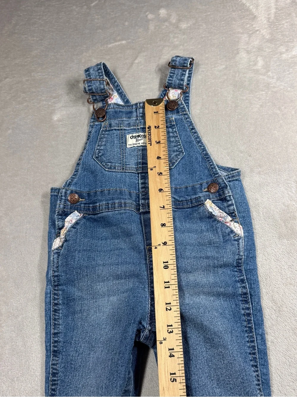 Oshkosh B’Gosh Baby Girl Denim Blue Jean Floral Trim Overalls Size 18 Months